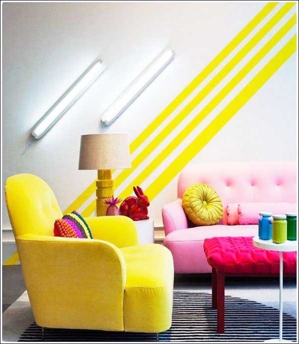 Duvarlarda neon renklerle çalışılmış desenler